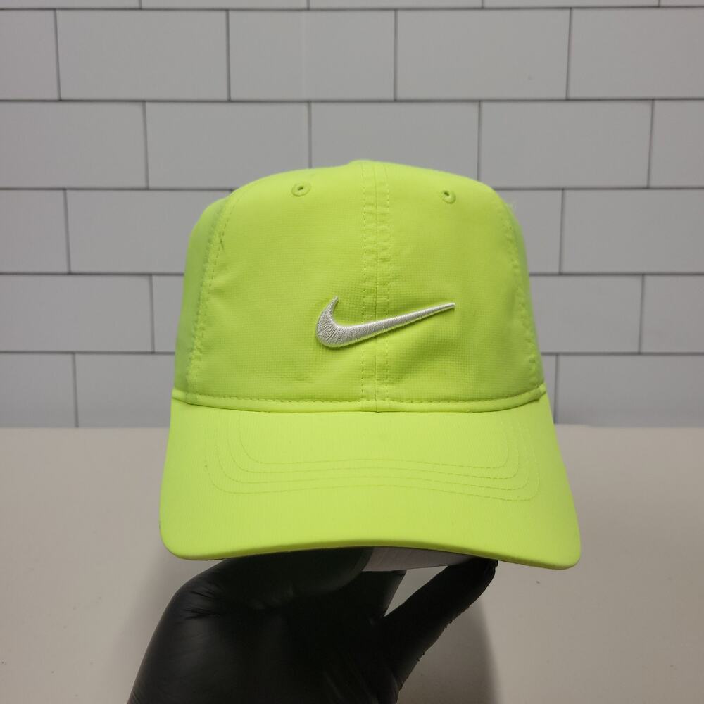 Nike DriFIT Neon Yellow Running Hat Reflective Swoosh Adjustable Lightweight Cap